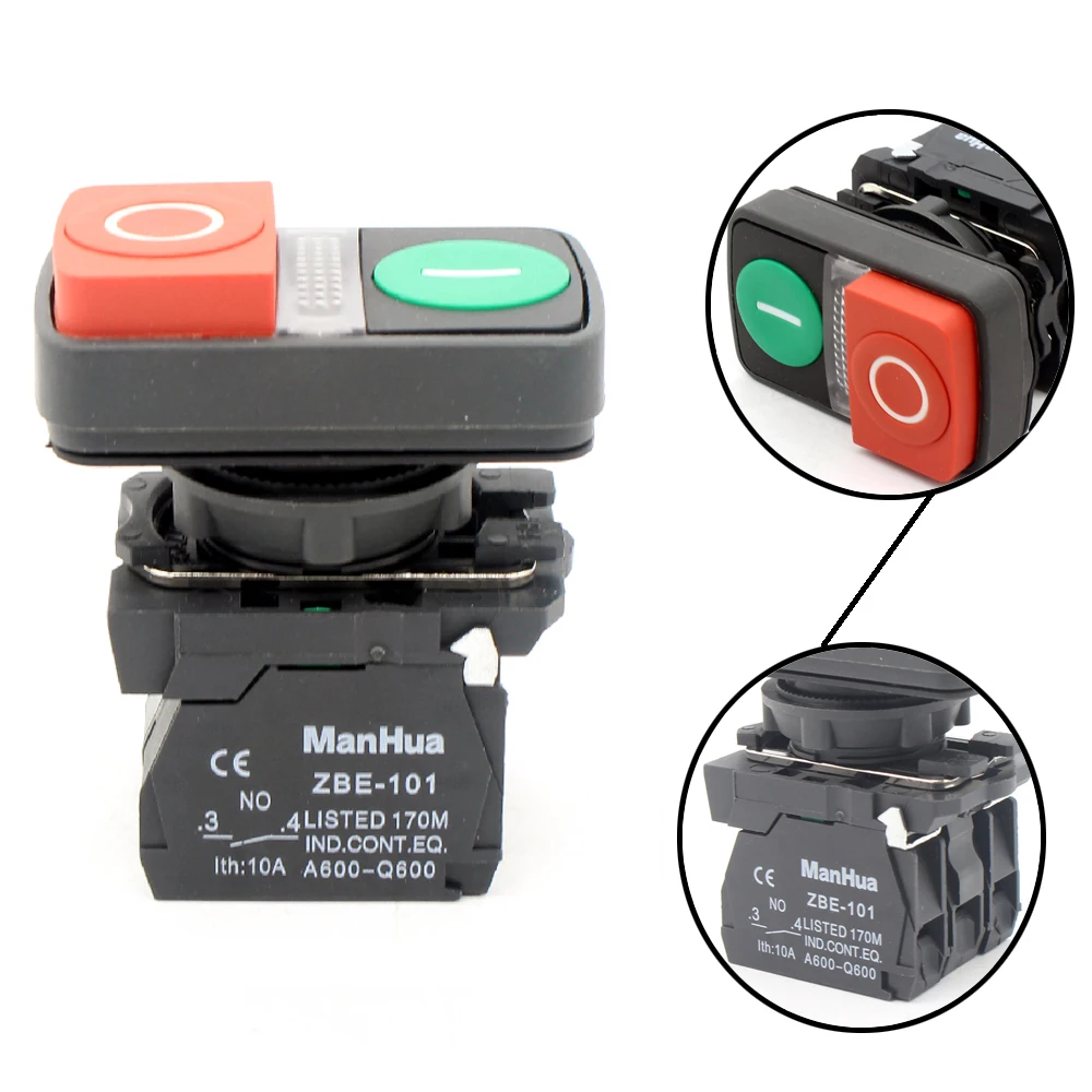 ManHua XB5-AW84M5 Twin push button switch red-green power supply on off button with LED indicator light