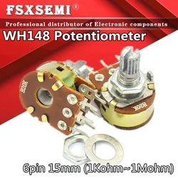 2pcs WH148 B1K B2K B5K B10K B20K B50K B100K B500K 6Pin 15mm Shaft Amplifier Dual Stereo Potentiometer 1K 2K 5K 10K 50K 100K 500K