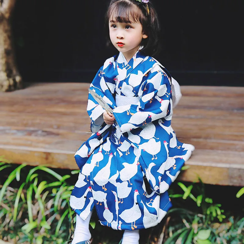 Blue Cartoon Animal Japanese Kimono Yukata Set Children's Children's Clothing Kids Thin Japanese Performance Costume Set LC057