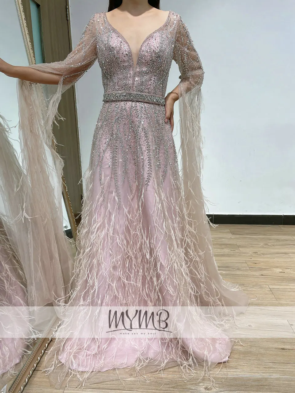 Luxury Extra Long Sleeve To Floor Custom Made Evening Dress MYMB 2022 New Collection A Line Wedding Party Feather Evening Gown