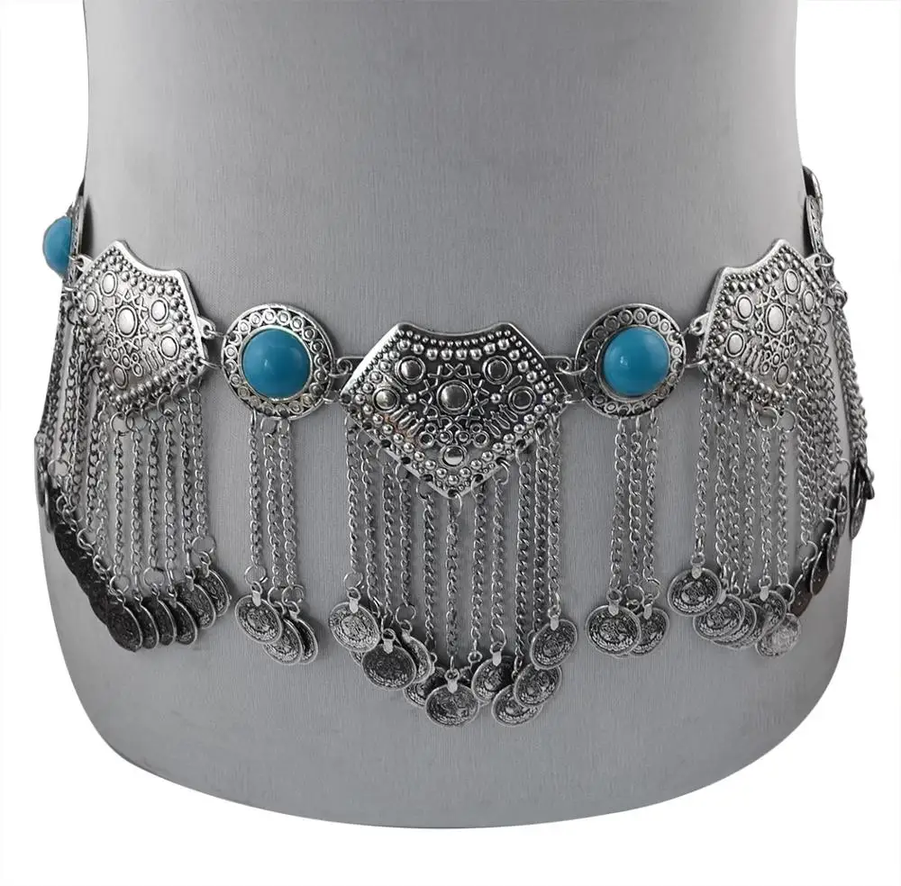 Vintage Gypsy Tribal Long Coin Tassel Ethnic Metal Waist Belly Chain Acrylic Gem Belts Turkish Afghan Dress Indian Body Jewelry