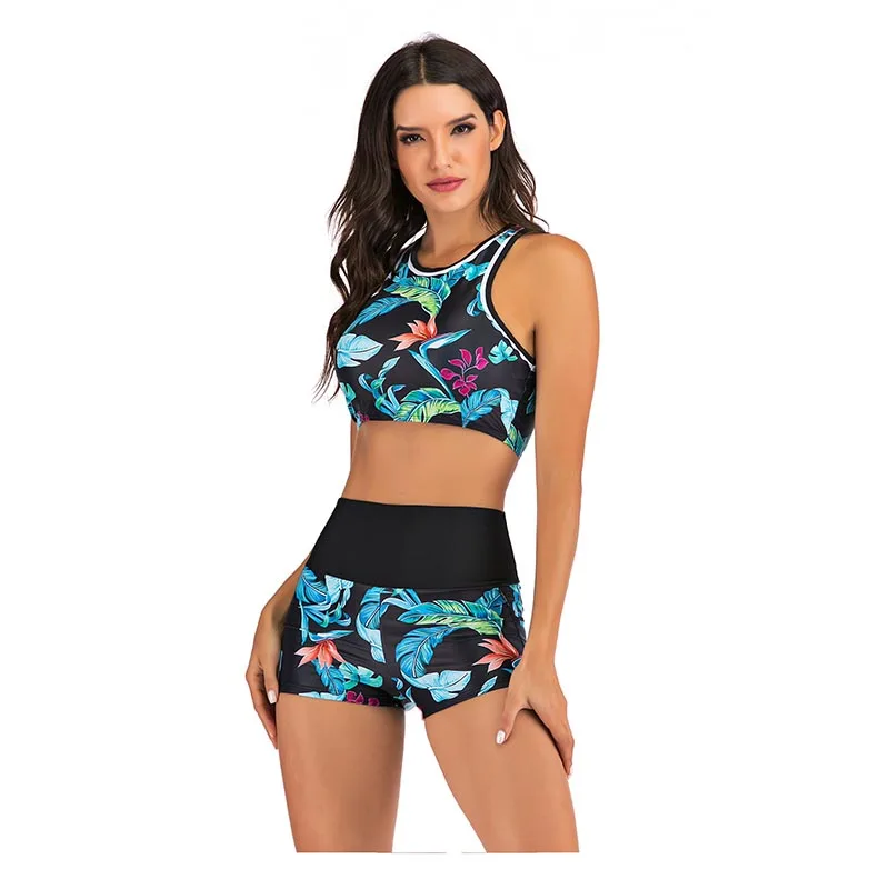 Bikini estampado para Mujer, traje de baño de estilo deportivo, pantalones cortos, de cintura alta Tankini, Top corto, ropa de playa