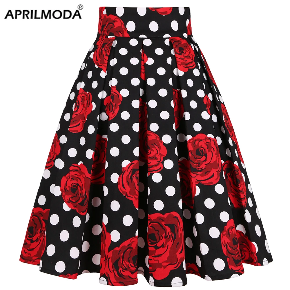 Retro Vintage Women Midi Skirt High Waist Cotton 3XL 2024 Casual Oversized Skirts Daily 60s Polka Dot Pinup Rockabilly Skater