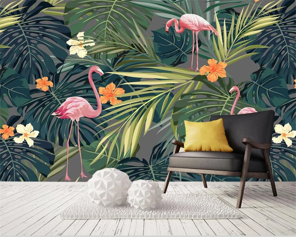 

Beibehang Modern 3d wallpaper papel de parede 3d wallpaper hand drawn nordic tropical palm tree plant flamingo Photo wallpaper