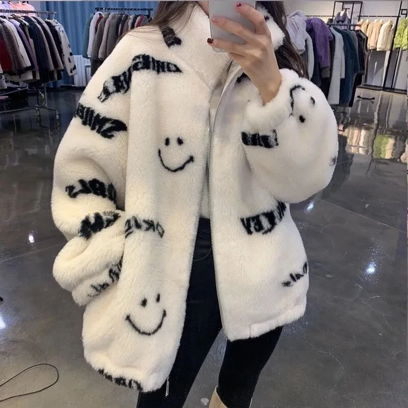 Lamb Faux Fur Coat Winter Thick Warm Stand Collar Zipper Smiley Print Lambswool Short Jacket Women Fashion High Street Outerwear