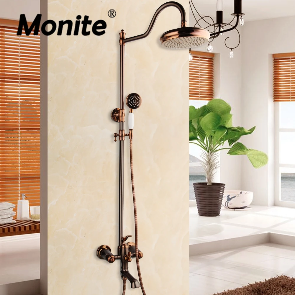 Monite Rose Golden Shower Faucet Set Brass Mixer Control Black Golden Body Bathroom Bathtub Shower Facuet Rainfall Hand Shower