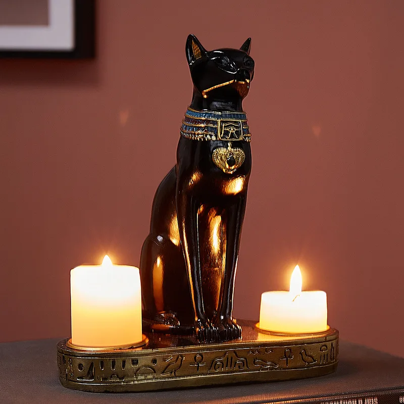 Egyptian Cat Candlestick Resin Figurine Statue Decoration Vintage Cat Goddess Bastet Statue Home Office Garden Decoration Gift