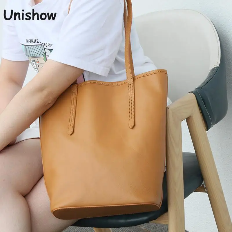 

Unishow Luxury Women Leather Bag Simple Casual Female Totes Bag Bucket Women Shoulder Bag Minimalist Style Lady Leather Handbag