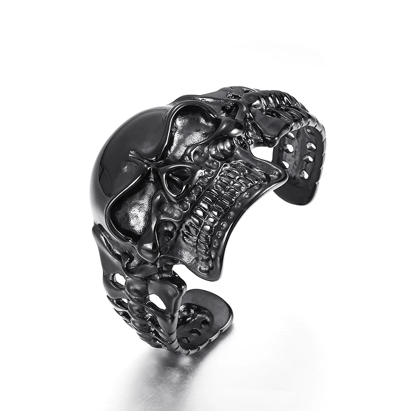 Mens Black Cuff Bangle Casting Skeleton Bracelet Stainless Steel Large Heavy 98g Jewelry