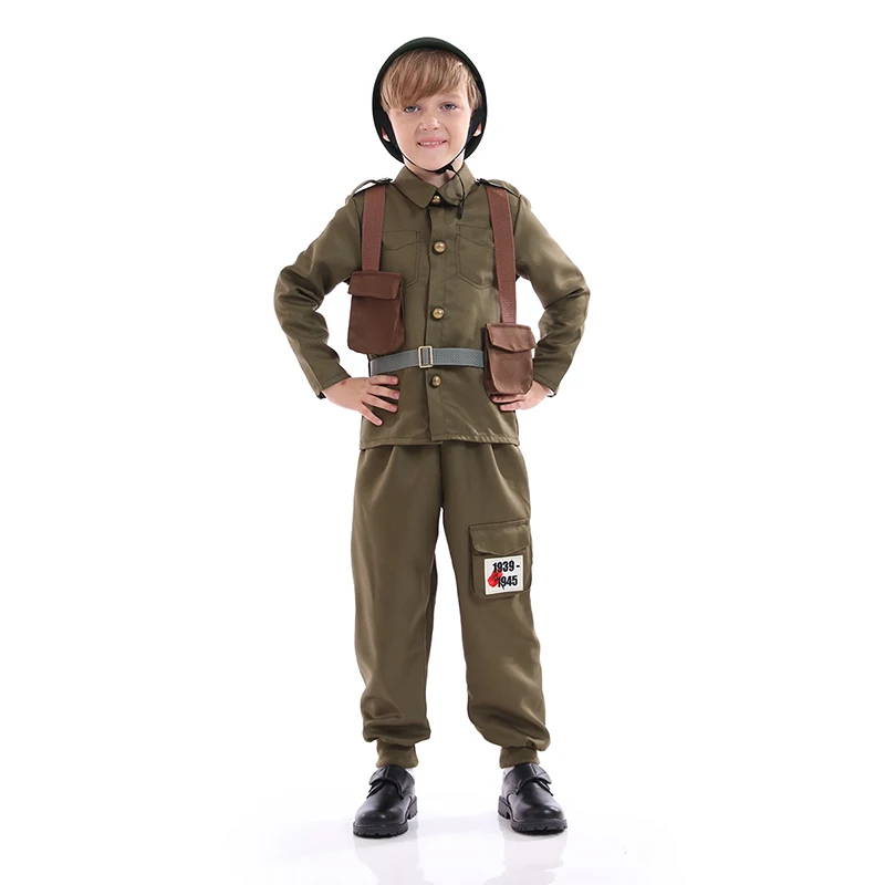 Armia żołnierz kostium dla dzieci chłopcy Unisex Halloween sukienka Cosplay Up armia wojskowy kostium ii wojny światowej mundur wojskowy garnitur z kapeluszem Khaki