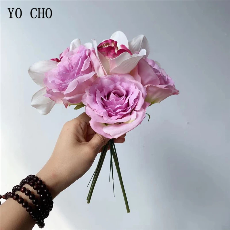 

YO CHO Bridesmaid Flower Bouquet Silk Rose Orchid Purple Red Artificial Flower DIY Home Party Store Decoration Wedding Supplies