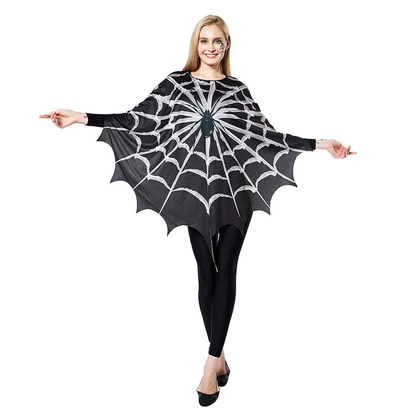 Eraspooky-Poncho de Cosplay de telaraña negra para mujer, disfraz de Halloween para adultos, capa de araña estampada de miedo, vestido de lujo