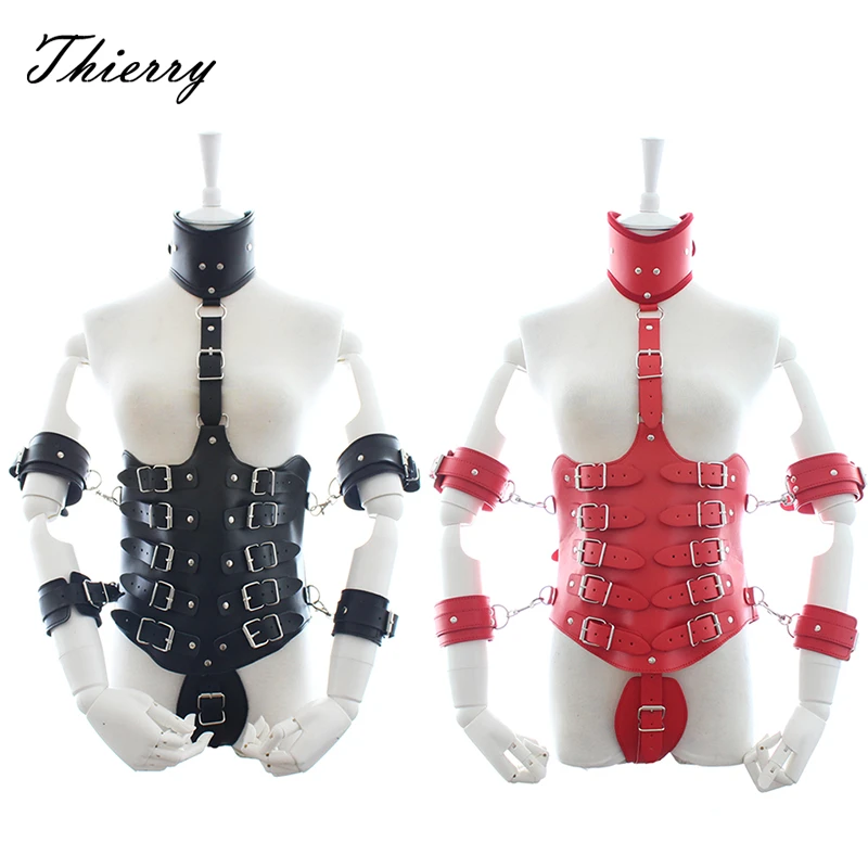 Thierry Lockdown Leather Cincher Corset, Body Bondage Straitjacket With Arm Cuffs Handcuffs Neck Collar, Harness Sex Game Toys