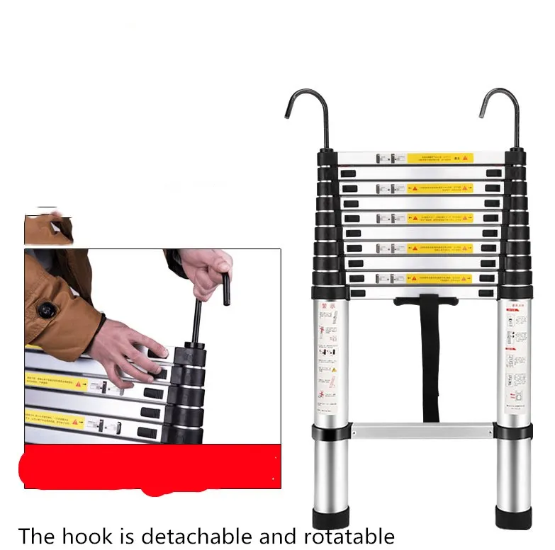 2M Telescopic Ladder Household Folding Ladder Lifting Stairs Thickening Escalator Aluminum Alloy Belt Hook