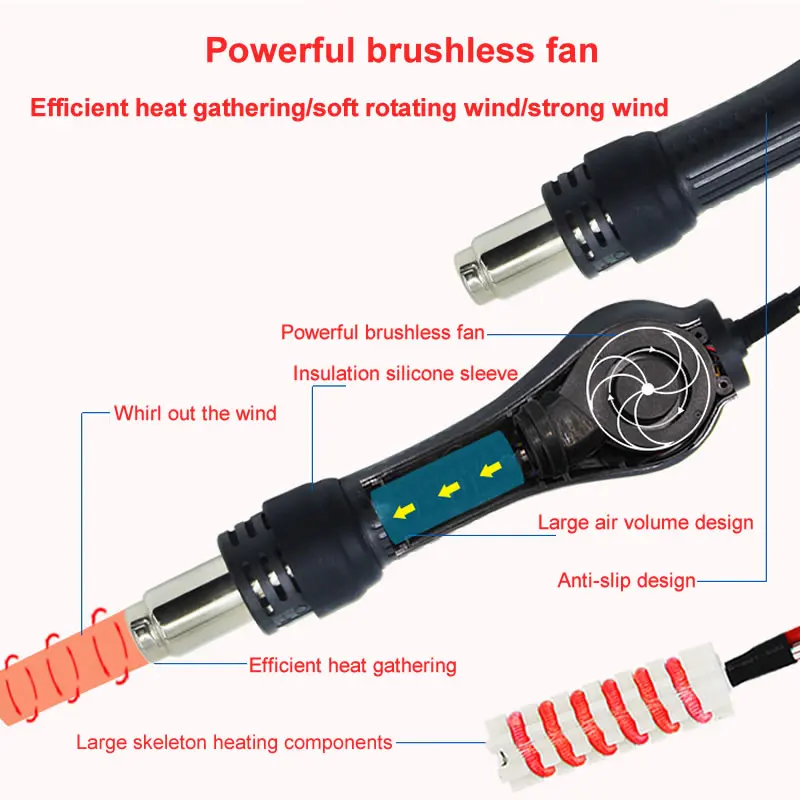 700W Hot Air Gun Desoldering Soldering Station 858 SMD BGA Rework Welding Repair Tools with 5mm 8mm 10mm Air Nozzles