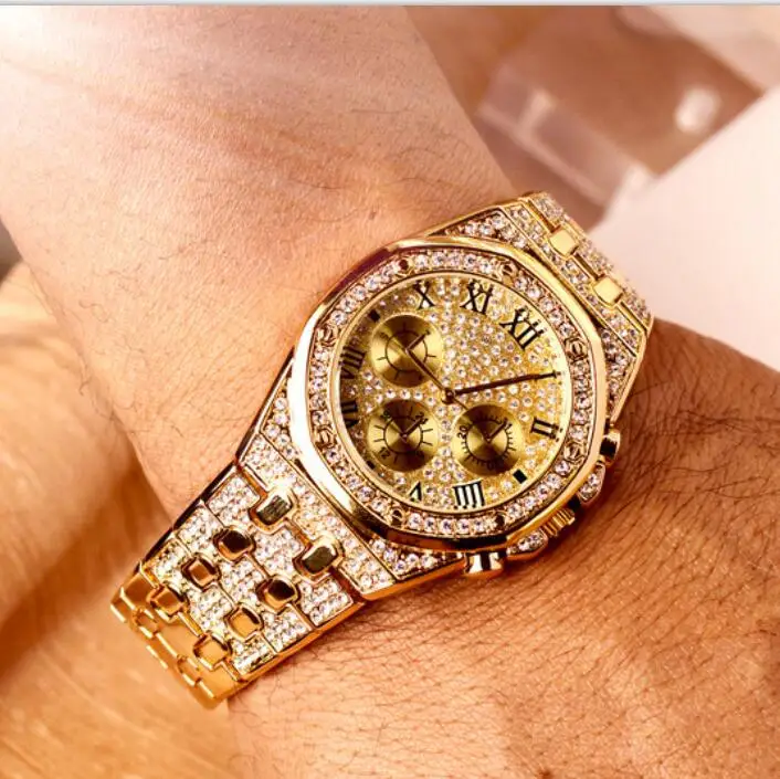 Mens Watches Luxury Hiphop full Iced Out Watch Gold Diamond Rhinestone Watch for Men Wristwatch Relogio Masculino  reloj hombre