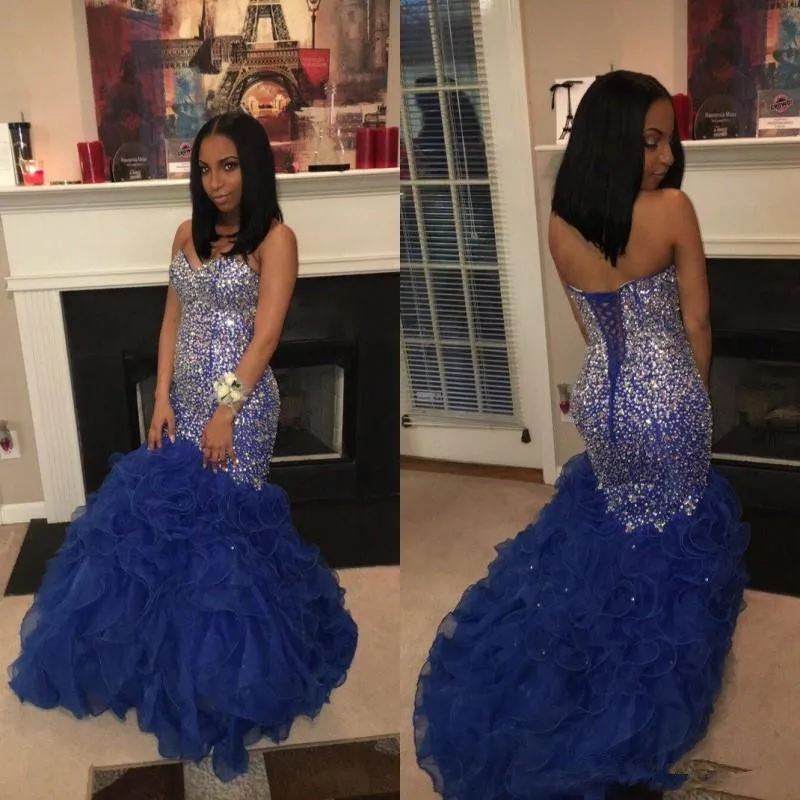 Stunning Beaded Black Girl Prom Dresses 2019 Sweetheart Crystal Blue Ruffled Organza Mermaid vestido de festa longo prom dress