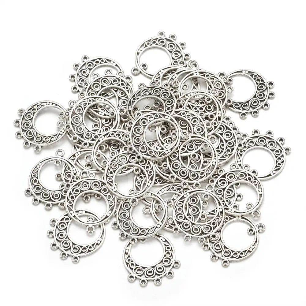 100pcs Tibetan Style Chandelier Components Flat Round Antique Silver Color Links Connector for Earrings Tassel Jewelry Making