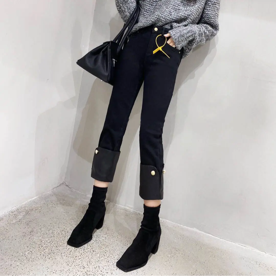 

High Waist Revers Cropped Pants for Women Black Blue Cuffs Straight Jeans Autumn Winter Clothing Women's Super Stretchy Jeans