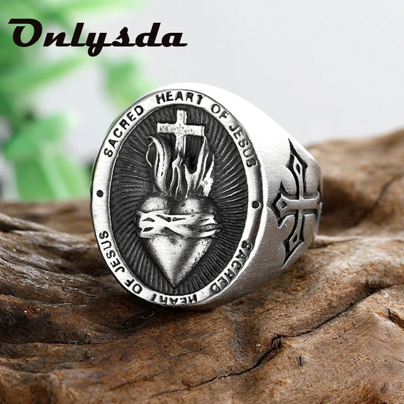 Vintage Dropshipping Stainless Steel Ladies Mens Biker Punk Sacred Heart Of Jesus God Ring Cross Amulet Jewelry For Man Gift