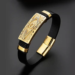 HaoYi Men's High Quality Leather Bracelet Golden Punk Style Faith Bracelets Wrist Jewelry