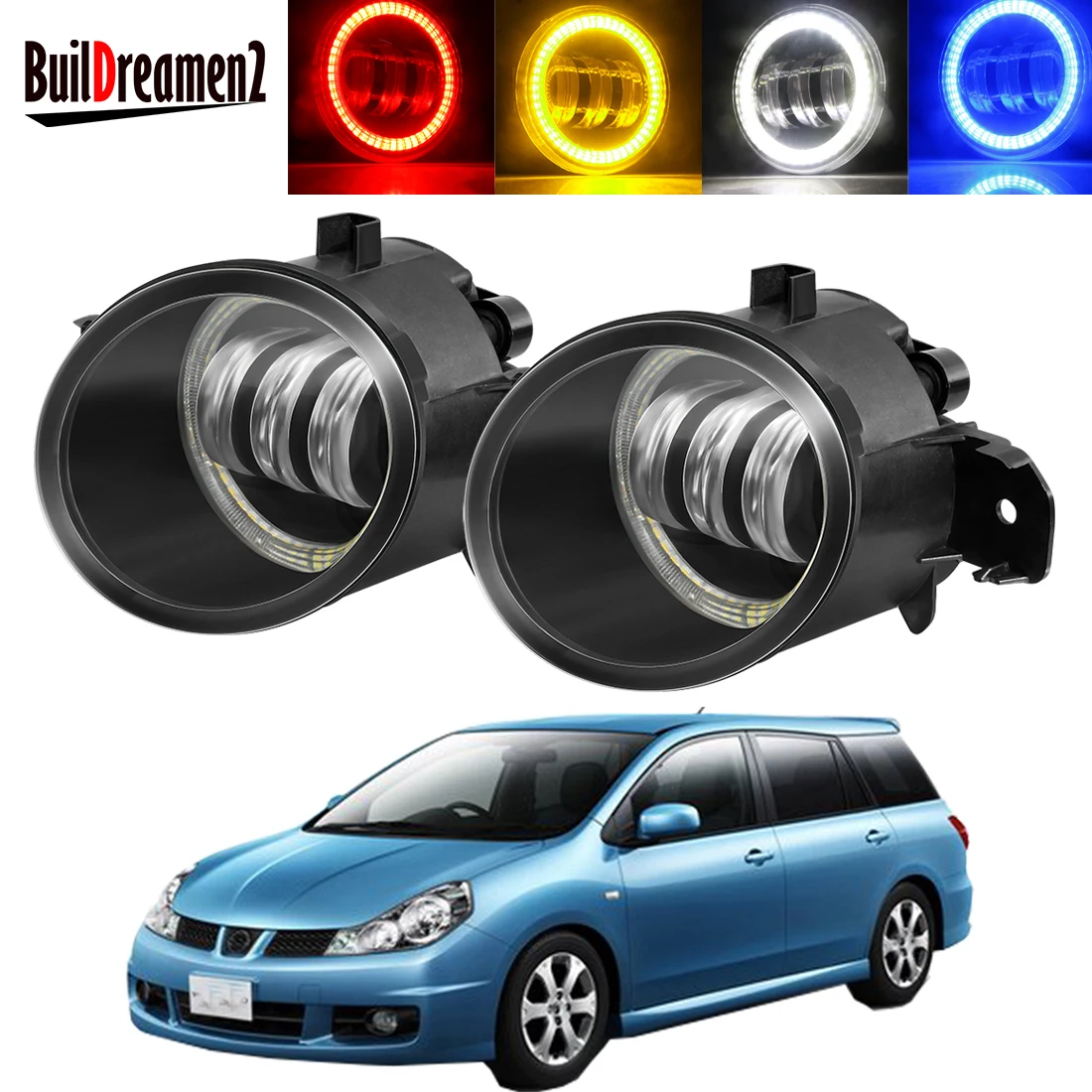 2 X Car Angel Eye Fog Light Assembly For Nissan Wingroad 2002-2005 Auto Front Bumper LED Lens Fog Daytime Running Lamp DRL 12V