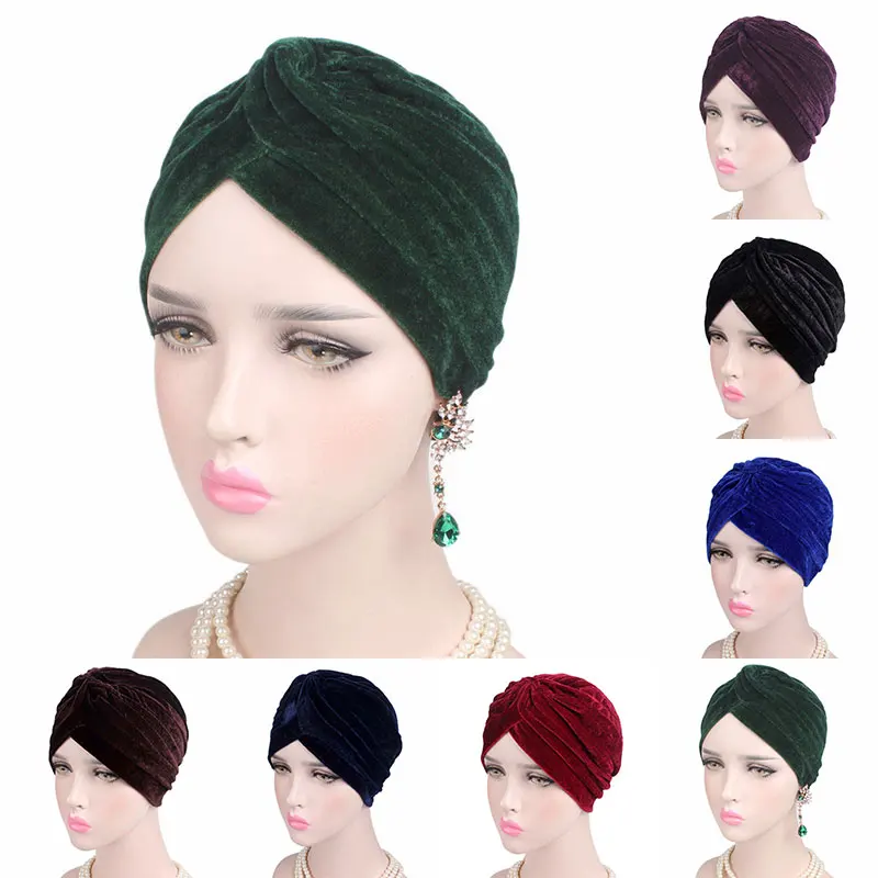 Chapéu de turbante casual de veludo duplo elástico feminino, headwrap neon hijab de veludo dourado, headwear muçulmano, novo estilo fashion