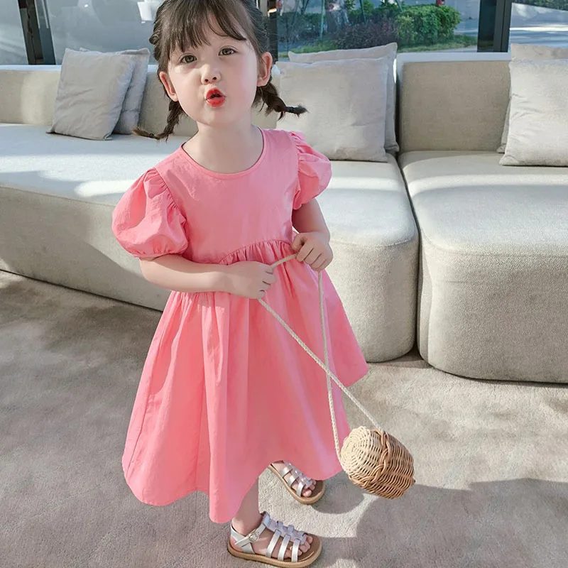 Summer Girls\' Dress Puff Sleeve Vestidos Round Neck Sweet Princess Dress Korean Outfits Baby Kids Children\'S Clothing For Girl