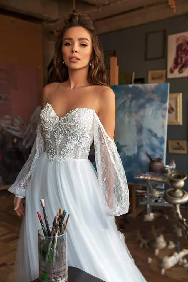 Elegant Bohemia Lace Beach Wedding Dress 2024 Long Sleeve Off The Shoulder Boho Wedding Bridal Gowns Robe De Mariee image 3
