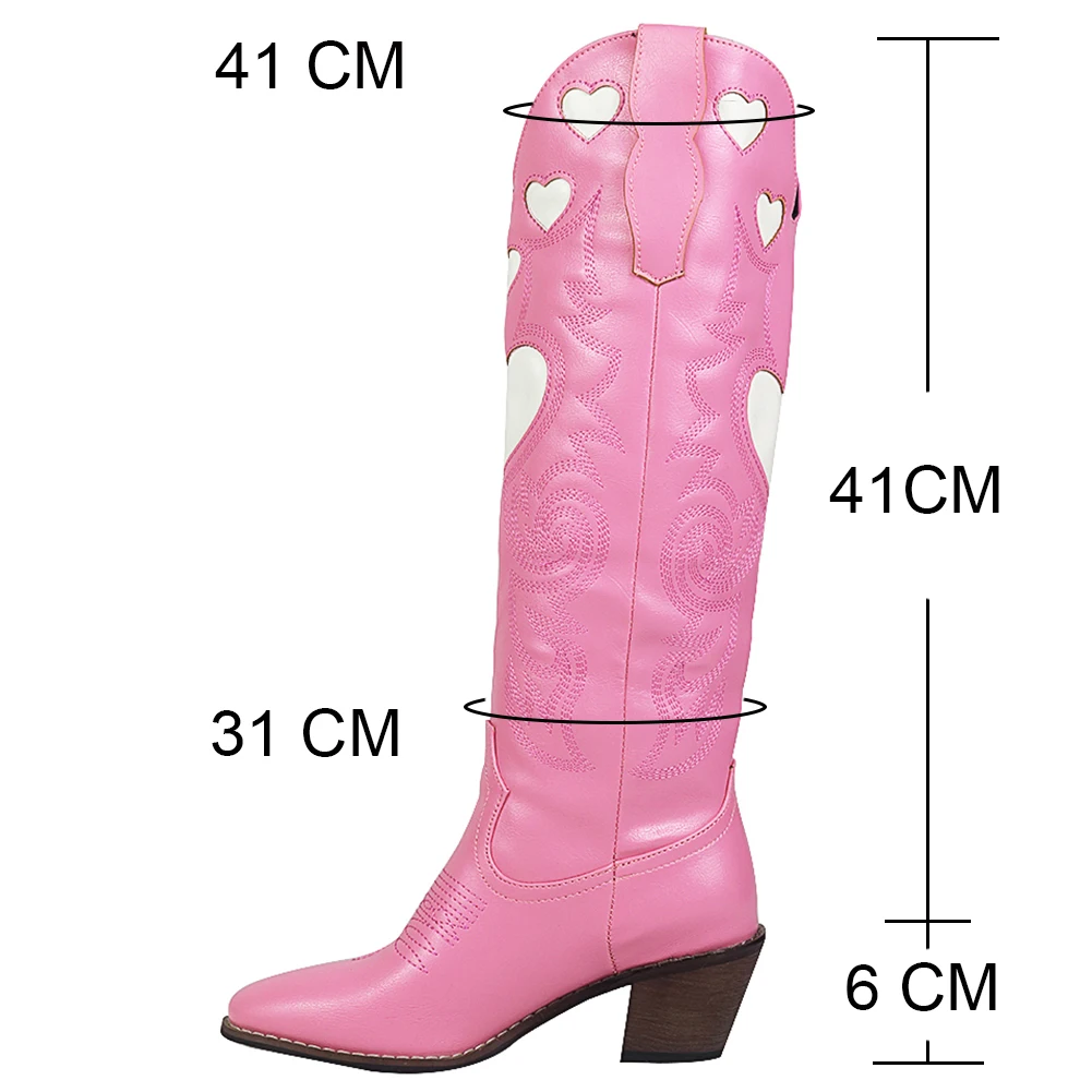 Botas de media pantorrilla para mujer, botines occidentales coloridos de corazón de amor, tacón grueso, vaquero, nueva marca de moda