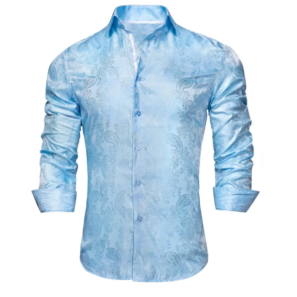 Light Blue Paisley Silk Men's Shirt Long Sleeve Casual Shirts For Men Jacquard Male Business Party Wedding Dress Hi-Tie