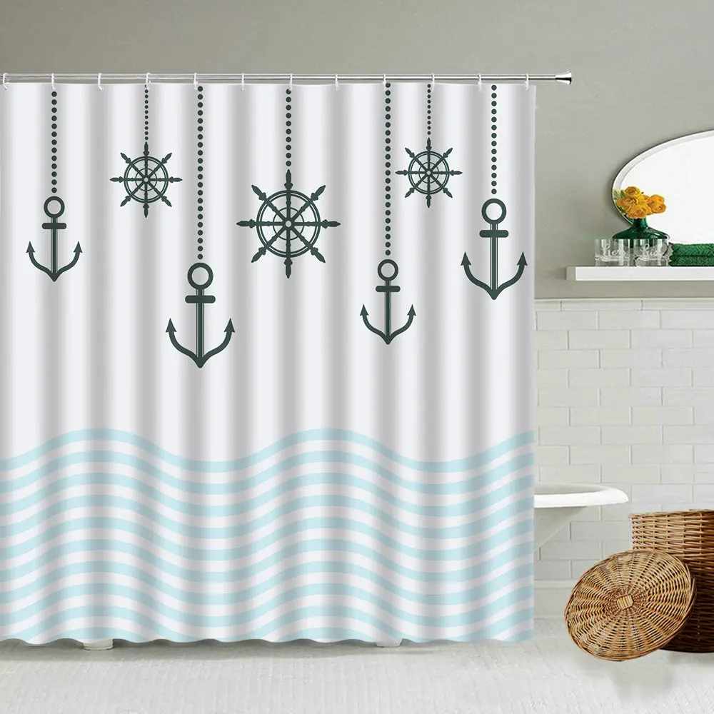 Cartoon Sailor Ship Anchor Rudder Bathroom 3D Waterproof Fabric Curtain Shower Curtains Set Nautical Theme Boy Bathtub Screen