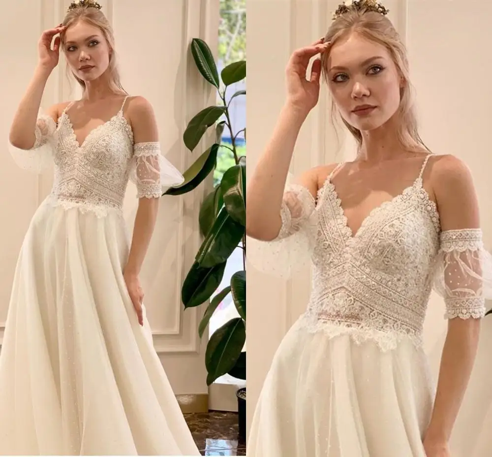 Wedding Dress Simple A-line Chiffon Spagehtti Strap Bridal Gowns Puff Sleeve v-neck White Charming Backless Custom Made