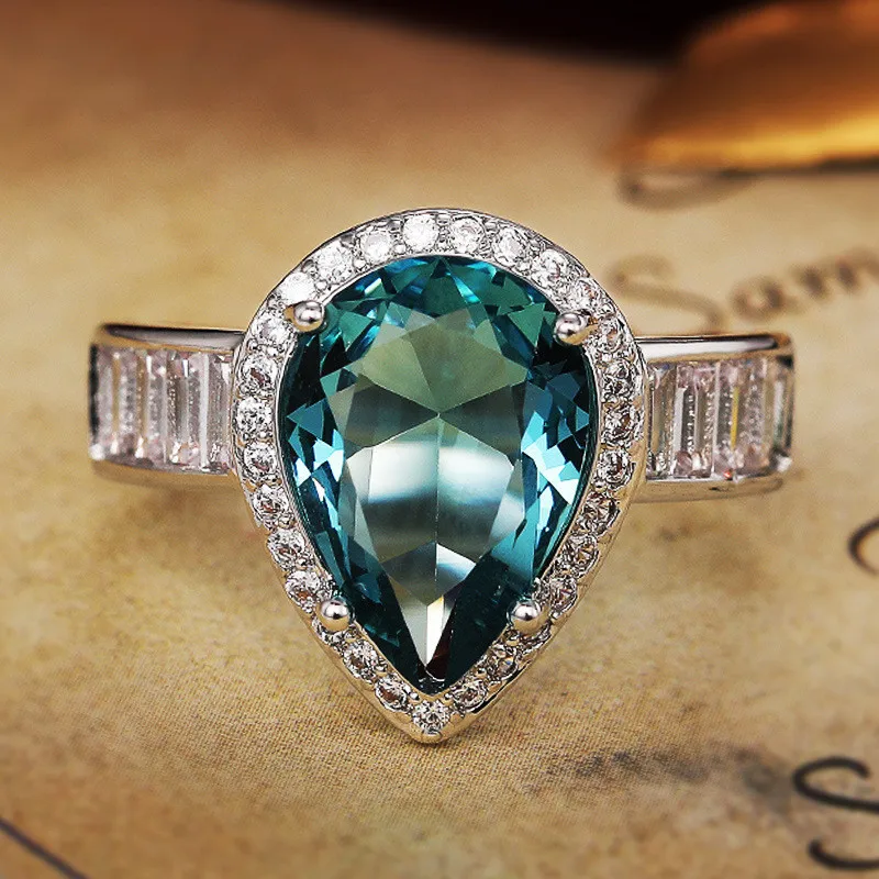 

Fashion Water-drop-shaped blue Cubic Zirconia Anniversary Rings For Women Silver color Promise Wedding Ring Gift for Her