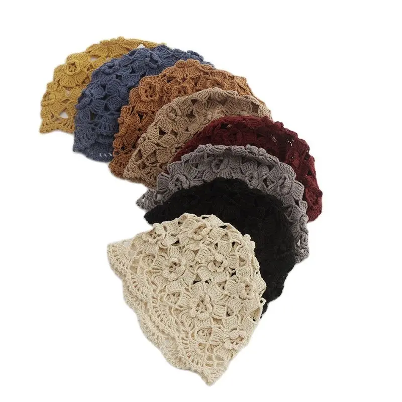 

Female Girls Crochet Handmade Beret hat Knitted hat Beanies Caps Autumn Hollow-out design French artist hat Gorros