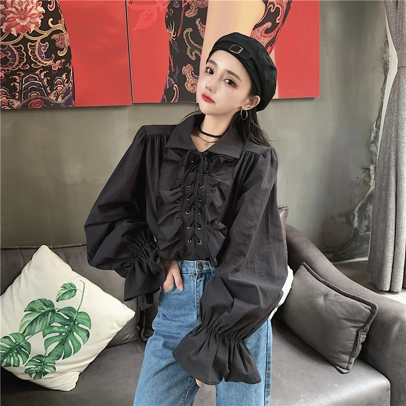 Women French Palace Lolita Shirt Lace Up Medieval Victorian Blouses Ruffles Party Spring Ladies Tuxedo Royal Style Gothic Shirt