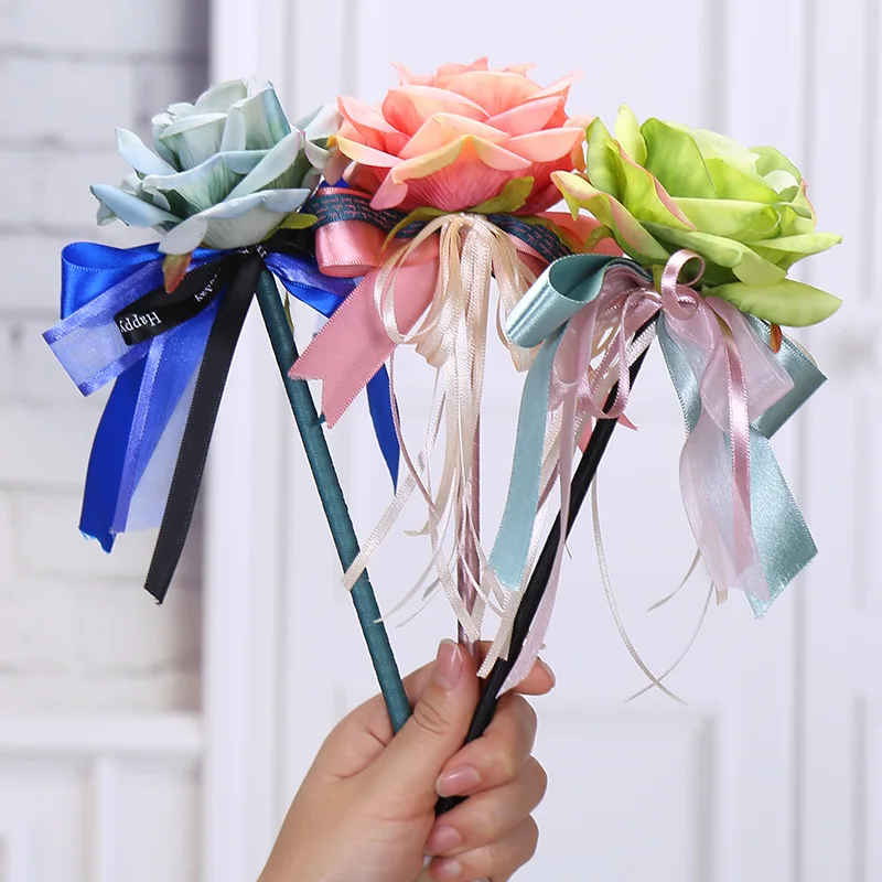 12PCS Creative Stationery Simulation Rose Flower Bow Ribbon Bead Ballpoint Pen Long Pole Wedding Signature Pen