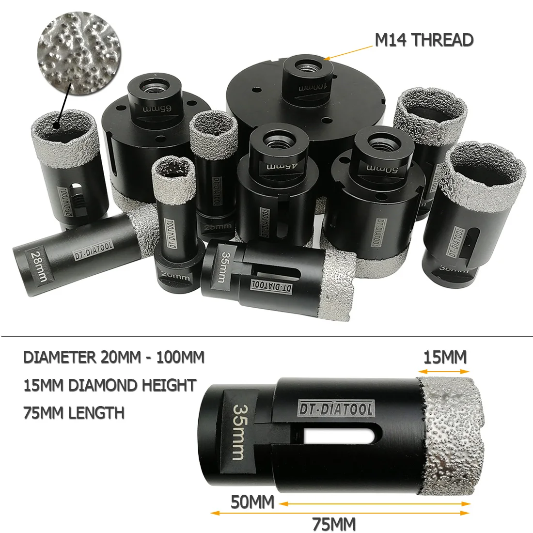 Professional Dry Crown Drilling Bits with M14 Thread Hole Saw, Porcelain Tile, Granite, Marble, Stone, 1Pc Drill Bit