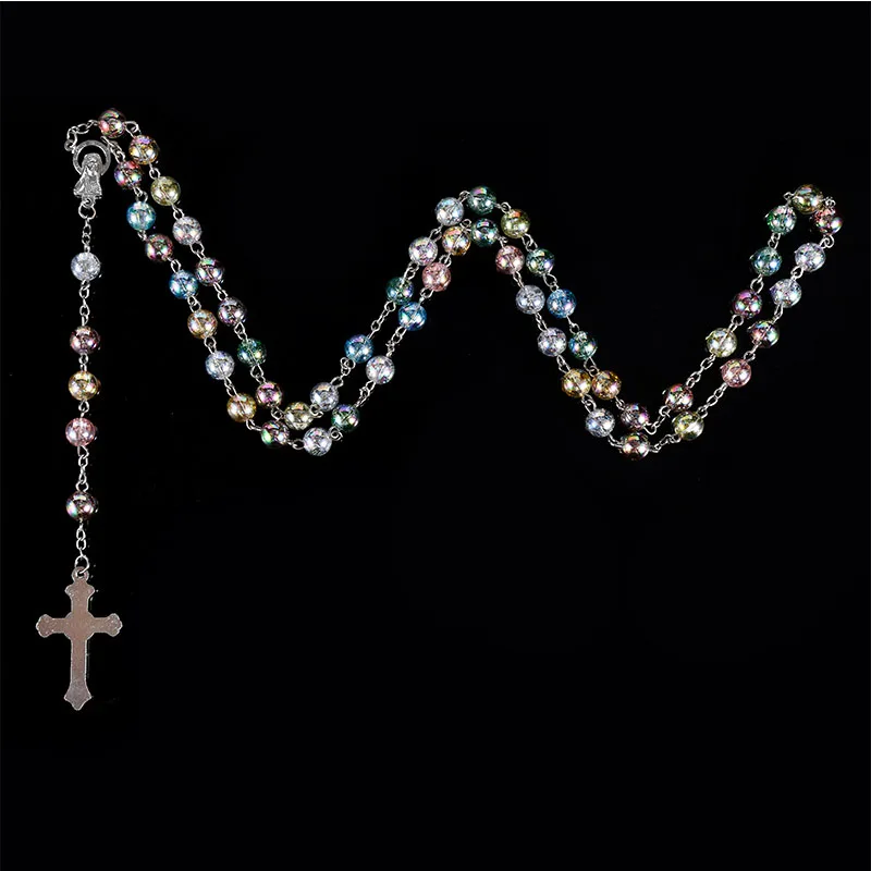 Virgin Mary Catholic Jesus Christ Religious Jewelry Female Glass Pearl Long Chain Rosary Necklace