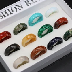 Mix Color Exquisite Suit Natural Agates Stone Rings Wide 8mm Women Jewerly Rings Gift Match Beautiful Gift Box 12pcs/Box