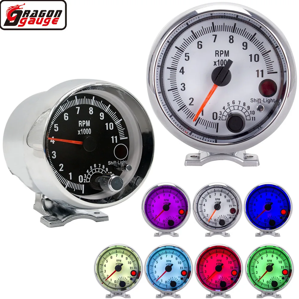 Round Earth 3.75 Inch(95mm) Racing Car Tachometer Gauge 7 LED Colors Adjustable 0-11000 Rpm For 1/2/3/4/5/6/7/8 Cylinder Meter