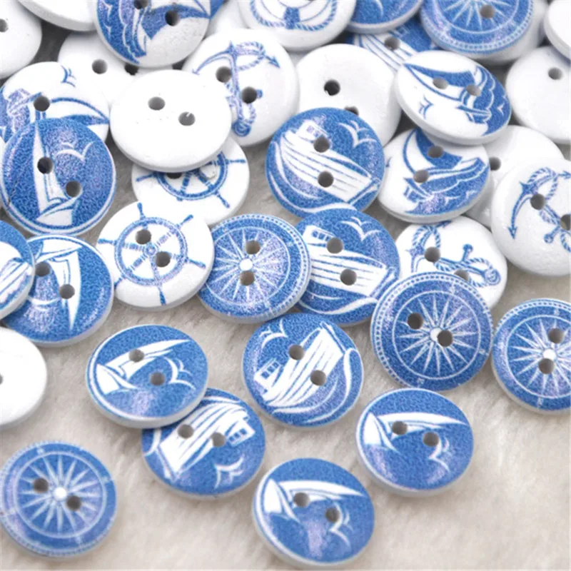 50 قطعة أزرار خشبية بنمط مرساة البحر المختلط تناسب الخياطة وسجل القصاصات 15 مللي متر WB265