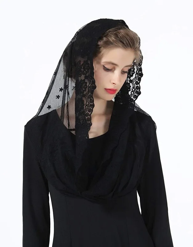 Ivory Black Muslim Catholic women\'s Lace Shawl religious veil