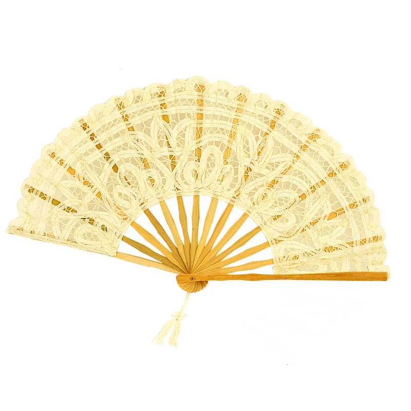 Ameliebridal European Fashion Embroidery Wedding Party Events Gifts Handmade Bamboo Cotton Fan Wedding Battenburg Lace Fan