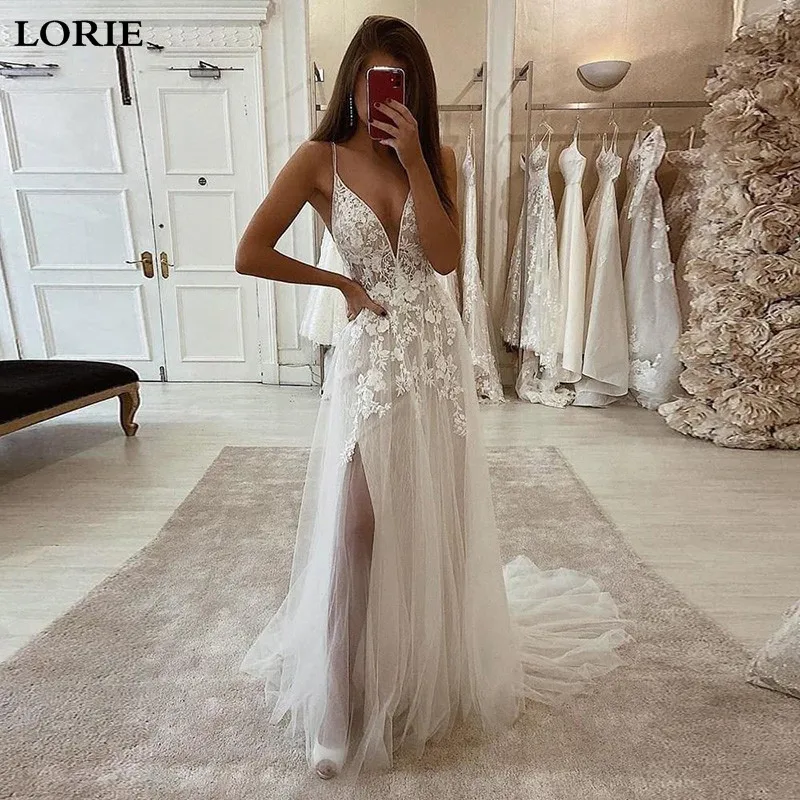 LORIE Boho Wedding Dress A Line Lace Spaghetti Strap Bride Dress 2020 Side Split Long Beach Wedding Gown For Women