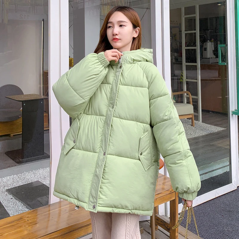 

Korean Style Women Hooded Puffer Jacket Winter Thick Warm Cotton Padded Jacket for Female Oversized Solid Loose Bubble Coat