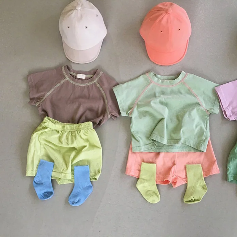 2024 Zomer Nieuwe Pasgeboren Baby Kleding Met Korte Mouwen Set Baby Jongen Meisje Zacht Katoenen T-Shirt + Korte Broek 2 Stuks Stevige Kleding Set