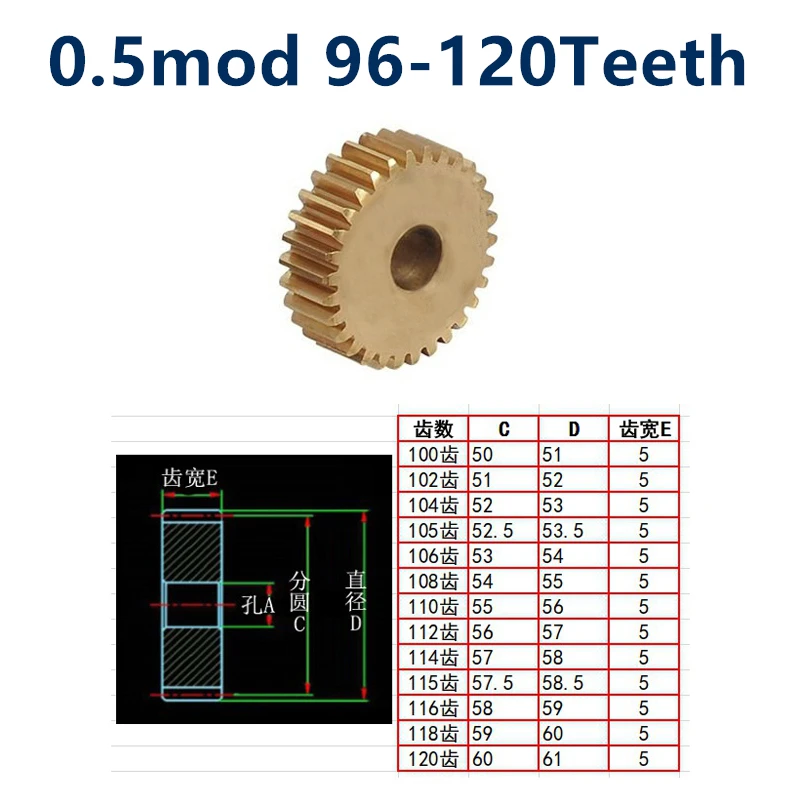 

1pc 0.5mod flat gear copper gear 0.5 die 96 97 98 99 100 102 104 105 106 108 110 to 120 tooth metal small modulus precision gear