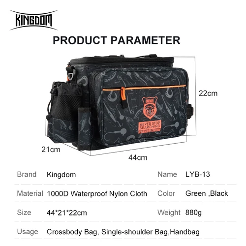 Imagen 2 del producto Kingdom-Bolsa de aparejos de pesca multifuncional, 44x21x22cm, nailon 1000D, impermeable, gran capacidad, bolso de hombro para pesca deportiva al aire libre