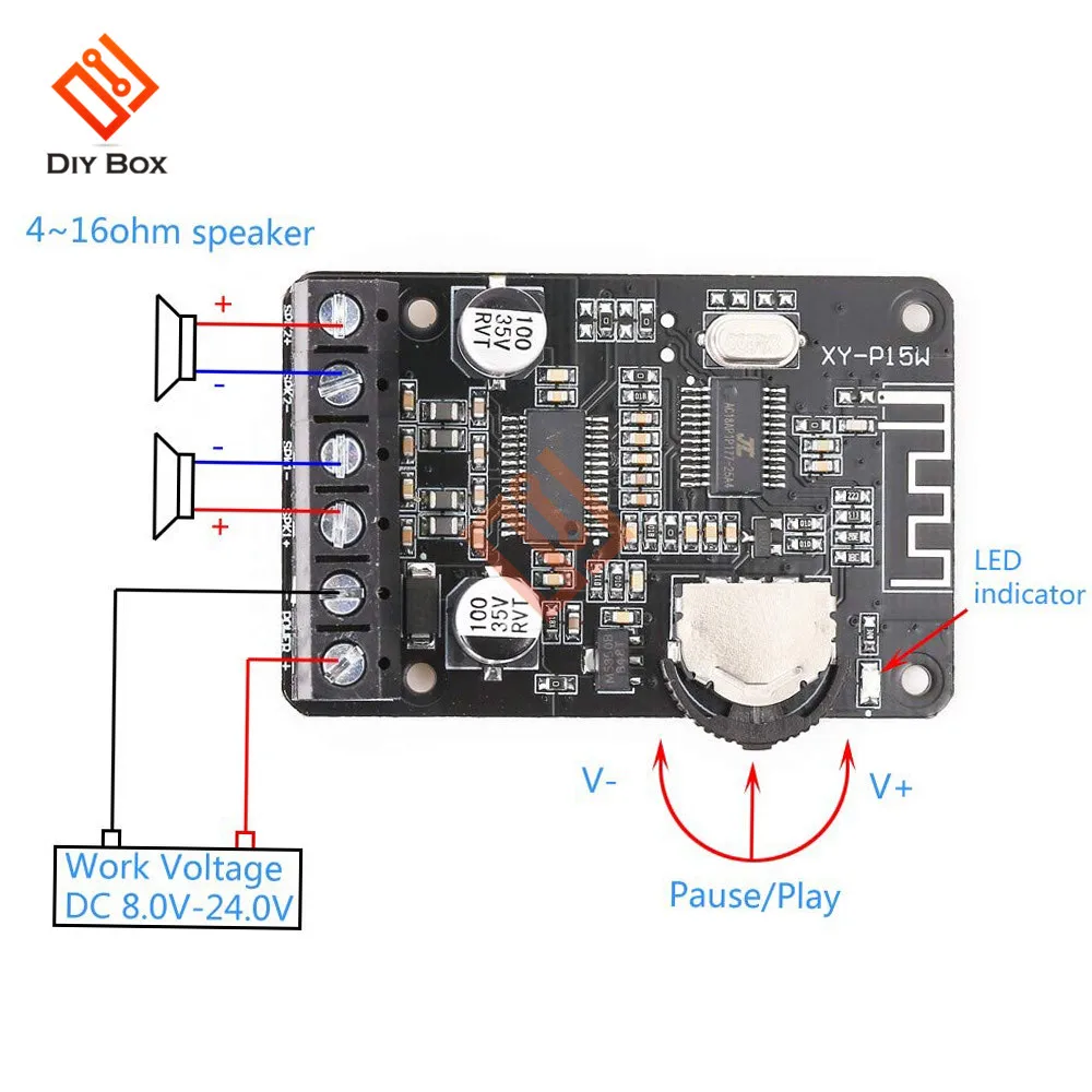 XY-P15W Bluetooth 5.0 Verstärkerplatine 10W/15W/20W DC 12V/24V Digitaler Audio-Leistungsverstärker mit Lautstärkeregelung – Detail 3